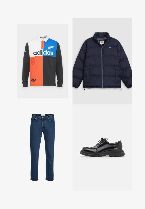 Mørkeblå dunjakke med frontlynlås, to sidelommer, elastiske ærmeafslutninger og Levi's-logo på brystet og på indvendig kraveetiket.; Farvet opdelt langærmet polo shirt i sort, hvid, orange og blå, med krave, knaplukning og fremtrædende Adidas branding.; Mørkeblå denimjeans med lige ben, udstyret med fem lommer, en knaplukning og en diskret struktureret overflade.; Sorte læder dressko med rund tå, tyk gummisål, snørebåndsdesign og markant syning langs kanten.