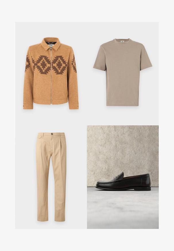 Veste en laine marron avec fermeture éclair à l'avant, col, présentant un motif géométrique en marron plus foncé sur la poitrine et les manches.; T-shirt en coton beige avec un col rond, des manches courtes et un ourlet droit. Texture lisse, design minimal, sans graphiques ni accents visibles.; Pantalons en coton beige à jambe droite pour homme, avec poches avant, passants de ceinture, fermeture à bouton et zip, sur fond blanc.; Mocassin penny en cuir noir avec talon bas, bout arrondi et détails cousus à l'avant et sur les côtés, présenté sur un fond neutre.