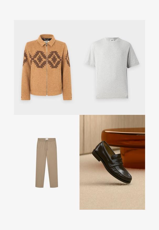 Braune Wolljacke mit Reißverschluss vorne, Kragen und einem geometrischen Muster in dunklerem Braun über der Brust und an den Ärmeln.; Graues T-Shirt mit kurzen Ärmeln aus weichem Stoff. Besitzt einen Rundhalsausschnitt, einen lockeren Schnitt und keine Muster oder Logos. Glatte Textur über das gesamte Shirt.; Beige Stretchhosen mit einem elastischen Bund und Kordelzug, ausgestattet mit zwei Seitentaschen und einem geraden Bein. Weiche Textur.; Glänzender schwarzer Leder-Loafer mit einem Riemendetail, auf einem beigen Teppich neben einem runden braunen Couchtisch in einem sanft beleuchteten Raum platziert.