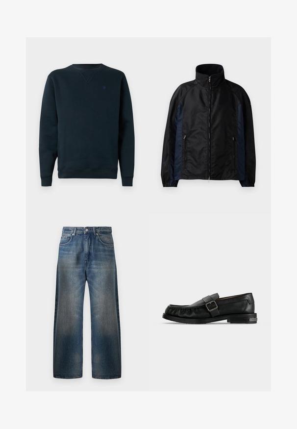 Schwarze und marineblaue Windbreaker-Jacke mit hohem Kragen, Reißverschluss vorne und seitlichen Taschen, elastischen Bündchen und einer glatten Textur.; Marineblauer Rundhals-Pullover aus weichem Stoff, mit gerippten Bündchen und Saum, versehen mit einem kleinen Logo auf der Brust. Schlichtes, minimalistisches Design.; Hellblaue Denim-Jeans mit weitem Bein und ausgewaschenem Finish, ausgestattet mit fünf Taschen, einem Knopfverschluss und sichtbaren Nähdetails.; Schwarzer Leder-Slipper mit Schnallenriemen, Ziernähten rund um die Zehenpartie und einem niedrigen Absatz mit Metallakzent.