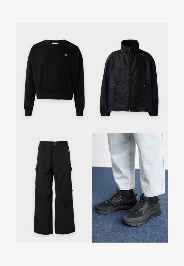Zwarte en marineblauwe windbreaker jacket met hoge kraag, ritssluiting aan de voorkant, zijzakken, elastische manchetten en een gladde textuur.; Zwarte cropped sweatshirt met een ronde nek, lange mouwen en een klein geborduurd logo op de borst, gemaakt van een zachte katoenmix.; Zwarte cargobroek met een elastische tailleband, meerdere grote zakken en ritszakken aan de zijkant. Gemaakt van lichte, gestructureerde stof.; Zwarte sportschoenen met gestructureerde stof en rubberen zolen, met elastische veters en een blauwe accent op de hiel. Draag samen met lichte spijkerbroeken.
