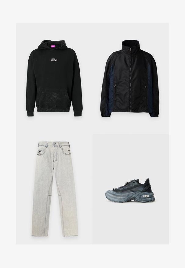 Schwarze und marineblaue Windbreaker-Jacke mit hohem Kragen, Reißverschluss vorne und seitlichen Taschen, elastischen Bündchen und einer glatten Textur.; Schwarzer Hoodie aus Baumwollmix, mit einer Front-Kängurutasche, einem silbernen Logo-Accent und einer strukturierten Oberfläche mit subtilen Verfärbungen.; Hellblaue Jeans aus Denim mit geradem Schnitt, kontrastierenden Nähten, zwei Vordertaschen und abgenutzten Details im Stoff.; Schwarz- und graue Diesel-Sneaker mit dicker Sohle, Schnürverschluss und strukturiertem Design auf einem schlichten hellgrauen Hintergrund.