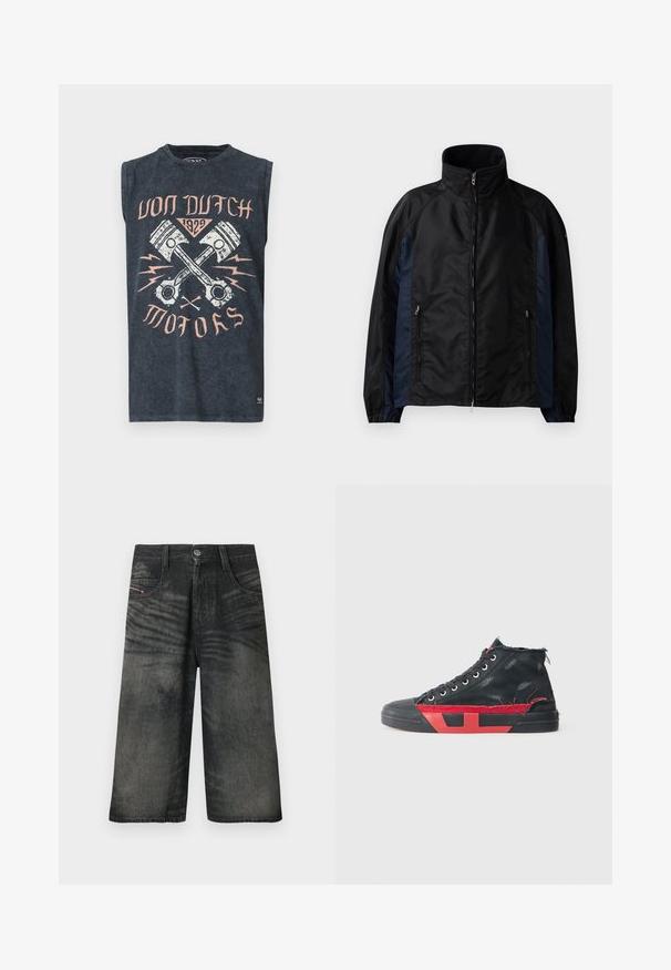 Veste coupe-vent noire et marine avec un col haut, une fermeture éclair sur le devant, des poches latérales, des poignets élastiques et une texture lisse.; Débardeur gris foncé avec des pistons croisés, des éclairs et le texte « Von Dutch 1929 Motors » en rose pâle et blanc.; Shorts noirs en denim à jambes larges avec bouton sur le devant, fermeture éclair, passants pour ceinture et détails de texture délavée.; Baskets montantes noires avec des accents rouges et une finition usée. Caractérisées par une tige en toile texturée et une semelle en caoutchouc avec un design découpé.