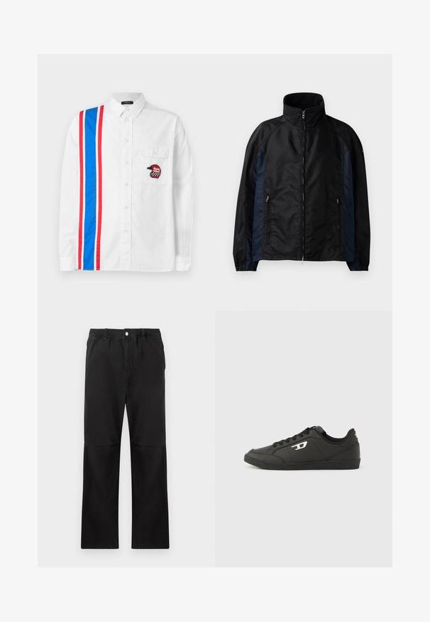 Schwarze und marineblaue Windbreaker-Jacke mit hohem Kragen, Reißverschluss vorne und seitlichen Taschen, elastischen Bündchen und einer glatten Textur.; Weißes Button-up-Hemd mit einem blau-roten Streifenmuster auf einer Seite und einem schwarzen bestickten Helm-Patch auf der Brusttasche.; Schwarze Baumwollhosen mit einem elastischen Bund, gerade geschnitten, mit glatter Textur und ohne sichtbare Akzente oder Muster.; Schwarze Sneakers aus synthetischem Material mit einer strukturierten schwarzen Sohle, rundem Zehenbereich und flachen schwarzen Schnürsenkeln. Auffälliges weißes Logo auf der Außenseite.
