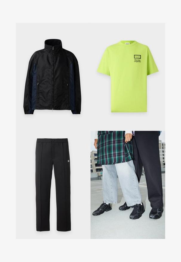 Zwarte en marineblauwe windbreaker jacket met hoge kraag, ritssluiting aan de voorkant, zijzakken, elastische manchetten en een gladde textuur.; Limoengroene katoenen T-shirt met een ronde hals, korte mouwen en een zwarte grafische print op de linkerkant van de borst met "de nieuwe originalen."; Zwarte broek van gladde stof, met een knoopsluiting, zijzakken en een klein logo aan de voorkant. Rechte pijpen.; Zwarte sportieve schoenen met mesh- en rubberaccenten. Draagt een lichtgrijze wijde spijkerbroek en een groen geruit shirt. Effen achtergrond.