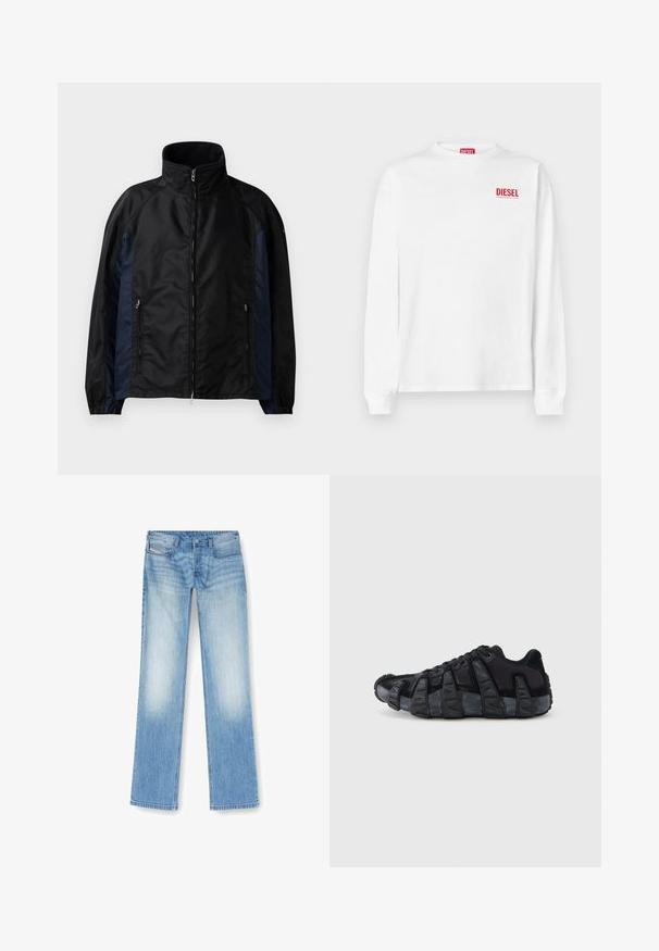 Sort og marineblå vindjakke med højt krave, lynlås foran og sidelommer, elastiske manchetter og en glat tekstur.; Langærmet hvid bomulds t-shirt med et rødt "DIESEL" logo på venstre bryst. Enkel rund hals og standard pasform.; Lysblå lige ben jeans lavet af denim, med en falmet finish, fem-lomme design og synlige syninger langs sømmen.; Sort sneaker med overdreven ribbet sål, snørelukning og øvre del i blandet tekstil og ruskind, vist fra ydersiden mod en hvid baggrund.