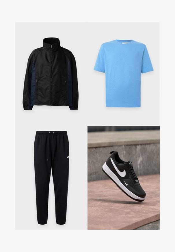 Sort og marineblå vindjakke med højt krave, lynlås foran og sidelommer, elastiske manchetter og en glat tekstur.; Kortærmet T-shirt i lyseblå, lavet af blødt stof. Har en klassisk rund hals og lige skåret kant med diskret teksturdetalje.; Sorte joggingbukser lavet af blødt stof med elastisk talje og snøre, tilspidsede ben og en lille hvid logo på venstre side.; Sort-hvid Nike Air Force 1 sneaker svævende over en lyserød betonflade med en grå stenbaggrund.