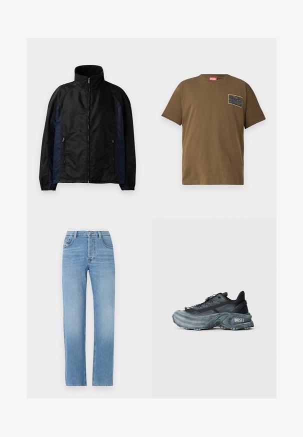 Veste coupe-vent noire et marine avec un col haut, une fermeture éclair sur le devant, des poches latérales, des poignets élastiques et une texture lisse.; T-shirt en coton marron avec un col rond, comportant un patch graphique noir sur la poitrine gauche. Manches courtes et ourlet droit.; Jeans en denim bleu clair avec une coupe droite, fermeture à bouton, style cinq poches et texture légèrement décolorée. Silhouette de jean classique.; Baskets Diesel noires et grises avec semelle épaisse, système de laçage à bascule et design texturé sur fond gris clair uni.