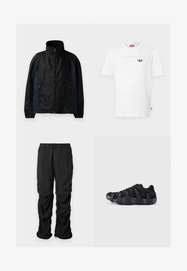 Veste coupe-vent noire et marine avec un col haut, une fermeture éclair sur le devant, des poches latérales, des poignets élastiques et une texture lisse.; T-shirt en coton blanc à col rond et manches courtes, avec un motif imprimé noir et le nom de la marque "DIESEL" centré au-dessus d'un dessin d'œil.; Pantalons utilitaires noirs en tissu léger dotés d'une ceinture élastique, de cordons de serrage ajustables et de poches latérales, offrant une coupe décontractée.; Baskets noires avec semelle renforcée à nervures exagérées, design à lacets, dessus en textile mélangé et daim, vues de profil sur fond blanc.