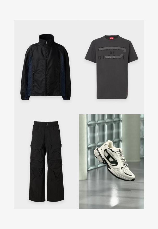 Zwarte en marineblauwe windbreaker jacket met hoge kraag, ritssluiting aan de voorkant, zijzakken, elastische manchetten en een gladde textuur.; Grijze katoenen t-shirt met vetgedrukte zwarte tekst "EIGENDOM VAN D.I.E.S.E.L.", met een gladde textuur en korte mouwen.; Zwarte cargobroek met een elastische tailleband, meerdere grote zakken en ritszakken aan de zijkant. Gemaakt van lichte, gestructureerde stof.; Witte en zwarte sportsneaker met mesh-details en patroonveters, zwevend in een moderne binnenruimte met glasblokken.