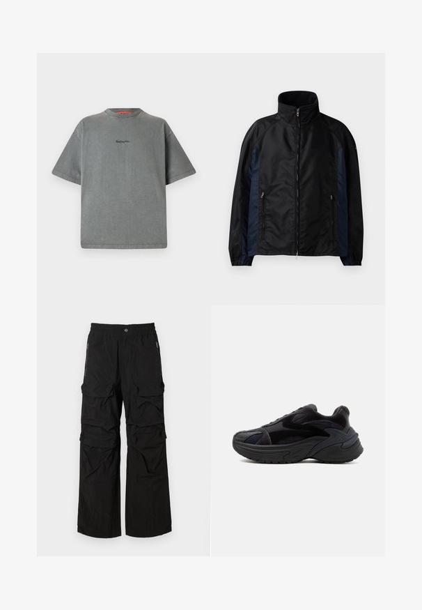 Schwarze und marineblaue Windbreaker-Jacke mit hohem Kragen, Reißverschluss vorne und seitlichen Taschen, elastischen Bündchen und einer glatten Textur.; Replay Inc. T-Shirt basic - stoned grey; Schwarze Cargo-Hosen mit elastischem Bund, mehreren großen Taschen und seitlichen Reißverschlusstaschen. Aus leichtem, strukturiertem Stoff hergestellt.; Schwarzer klobiger Sneaker mit dicker Sohle, Wildleder- und Mesh-Einsätzen sowie strukturierten Designdetails an Seite und Zehenbereich.