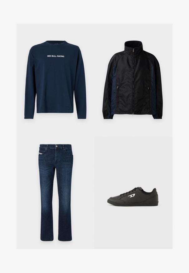 Chaqueta cortavientos en negro y azul marino con un alto cuello, cierre frontal con cremallera y bolsillos laterales, puños elásticos y una textura suave.; Camiseta de manga larga en color navy hecha de algodón, con cuello redondo y el texto "RED BULL RACING" en blanco en el pecho.; Jeans de mezclilla en azul oscuro con un corte recto. Presentan cinco bolsillos, un cierre con botón de metal y un sutil bordado en el bolsillo trasero.; Zapatillas deportivas negras sintéticas con suela negra texturizada, puntera redonda y cordones planos negros. Destaca un logo blanco en el lateral exterior.