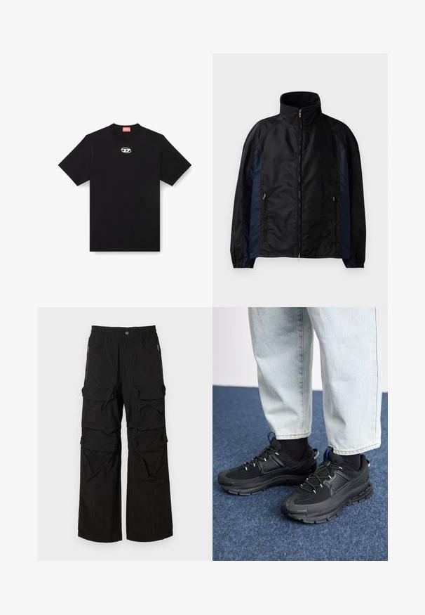 Veste coupe-vent noire et marine avec un col haut, une fermeture éclair sur le devant, des poches latérales, des poignets élastiques et une texture lisse.; T-shirt en coton noir avec un col rond et des manches courtes. Présente un petit logo en argent brodé au centre avant.; Pantalons cargo noirs avec une taille élastique, plusieurs grandes poches et des poches latérales zippées. Fabriqués en tissu léger et texturé.; Des chaussures de sport noires avec un tissu texturé et des semelles en caoutchouc, dotées de lacets élastiques et d'un accent bleu au talon. Portées avec un pantalon en denim clair.