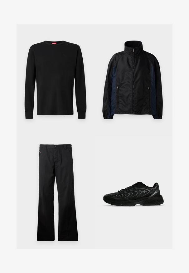 Chaqueta cortavientos en negro y azul marino con un alto cuello, cierre frontal con cremallera y bolsillos laterales, puños elásticos y una textura suave.; Camiseta negra de manga larga hecha de una tela suave, con un cuello redondo y un sutil logo negro en el pecho. Diseño liso, corte regular.; Pantalones rectos de algodón negros con cierre de botón. Presentan bolsillos laterales y un diseño minimalista sin patrones ni acentos visibles.; Zapatilla deportiva negra con patrones ondulados y un pequeño logo de cocodrilo en el lateral, mostrada sobre un fondo liso de color gris claro.