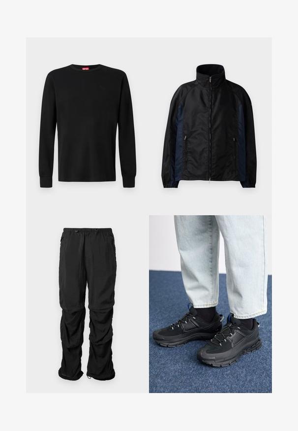 Chaqueta cortavientos en negro y azul marino con un alto cuello, cierre frontal con cremallera y bolsillos laterales, puños elásticos y una textura suave.; Camiseta negra de manga larga hecha de una tela suave, con un cuello redondo y un sutil logo negro en el pecho. Diseño liso, corte regular.; Pantalones de utilidad negros de tejido ligero, con cintura elástica, cordones ajustables y bolsillos laterales, presentan un corte relajado.; Zapatillas deportivas negras con tejido texturizado y suelas de goma, con cordones elásticos y un acento azul en el talón. Combinadas con pantalones de mezclilla claros.