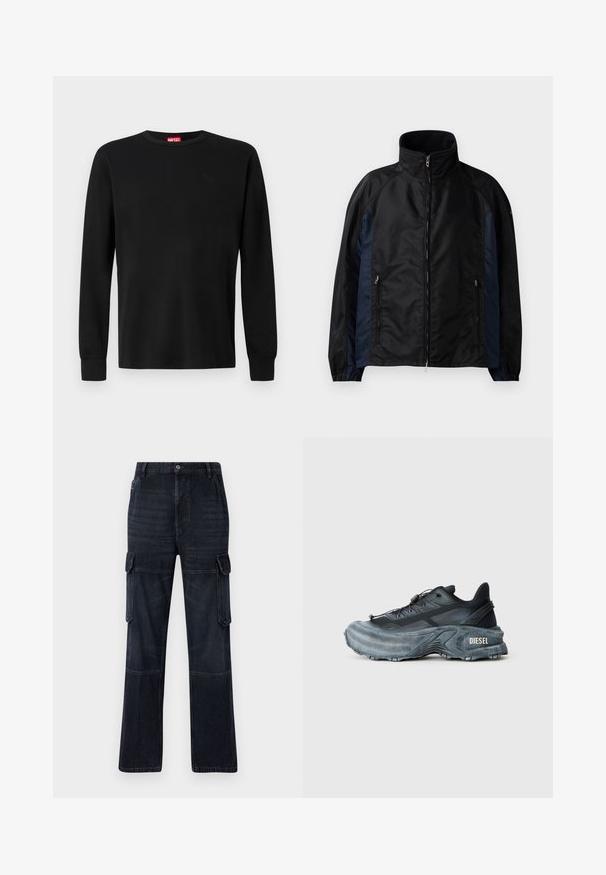 Sort og marineblå vindjakke med højt krave, lynlås foran og sidelommer, elastiske manchetter og en glat tekstur.; Sort langærmet t-shirt lavet af blødt stof, med rund halsudskæring og et diskret logo i sort på brystet. Enkel design, almindelig pasform.; Mørke denim cargo bukser med en afslappet pasform, der har to sidelommer, knæpaneler og kontrastsyning. Metallic knaplukning i taljen.; Sort og grå Diesel sneakers med tyk sål, snørrebåndslukning og tekstureret design på en ensfarvet lysegrå baggrund.