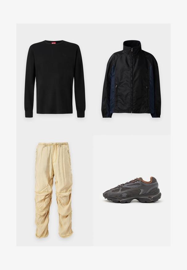 Chaqueta cortavientos en negro y azul marino con un alto cuello, cierre frontal con cremallera y bolsillos laterales, puños elásticos y una textura suave.; Camiseta negra de manga larga hecha de una tela suave, con un cuello redondo y un sutil logo negro en el pecho. Diseño liso, corte regular.; Pantalones cargo de nylon color beige claro con cordones ajustables en la cintura y bolsillos con cremallera, diseñados con detalles de tela arrugada y en capas.; Zapatillas Lacoste en gris oscuro con material de malla y sintético, que cuentan con una suela texturizada y detalles en marrón en el cuello y la marca.