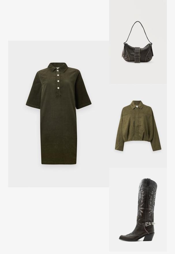 Olivengrøn, cropped jakke i blødt suede-lignende materiale. Har en standkrave, frontlynlås og løse, brede ærmer.; Mørkegrødt kordkjole med korte ærmer, krave og fire sølvknapper ned ad fronten.; Sort læder cowboystøvle med dekorative udskæringer, sølvspænde og skrå hæl, vist på hvid baggrund.; Sort læder skuldertaske med spænde på remmen, afrundede kanter og kontrasterende hvide syninger på en ensfarvet baggrund.