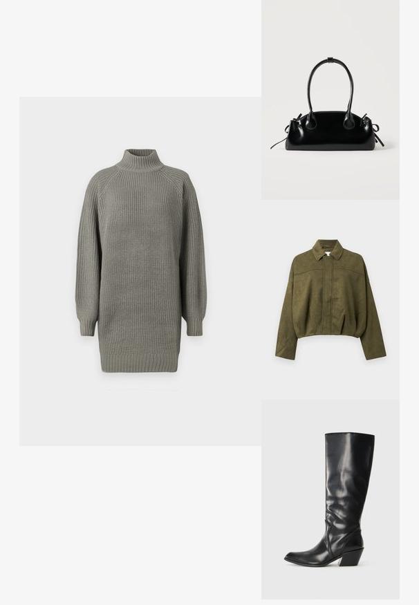 Olivovo zelená, skrátená bunda vyrobená z mäkkého materiálu pripomínajúceho semiš. Má stojačik, predné zapínanie na zips a voľné, široké rukávy.; Veľký sivý pletený sveter s vysokým golierom, rebrovanými manžetami a textúrovaným povrchom. Má spadnuté ramená a uvoľnený strih.; Čierna kožená čižma po kolená s špicatou špičkou, uhlovým opätkom a hladkou textúrou. Obsahuje jemný prešitý detail pozdĺž strany.; Malá čierna lesklá kabelka s dvoma dlhými rúčkami a bočnými šnúrkovými detailmi na jednoduchom svetlom pozadí.
