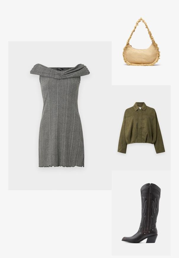 Olivengrøn, cropped jakke i blødt suede-lignende materiale. Har en standkrave, frontlynlås og løse, brede ærmer.; Grå kjole med bare skuldre og vertikal ribbet tekstur, der har en bred, foldet halsudskæring og en bølget kant.; Brune læder cowboystøvler med flammebroderi, sidelukning med lynlås, sølvnitter, spids snude og lagdelt hæl.; Struktureret beige taske med en rund form, frynset kant langs kanterne og en kort rem til at bære. Lynlåsåbning på toppen.