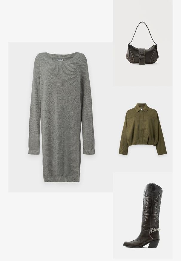 Olive roheline, lühike jakk pehme suede-taolise materjaliga. Omab püsti kaela, ees lukku ja laiu, vabalt rippuvaid varrukaid.; Hallhalli halli kudumistega kleit, millel on pikad varrukad, soonikust mansetid, ümar kaelus ja külgedel lõhikud liikumise mugavuse saavutamiseks. Tekstureeritud kangas.; Mustast nahast kameelisaap kaunistavate lõigetega, hõbedase pandla ja kaldu kannaosaga, valgel taustal.; Mustast nahast õlakott pandlanööriga detailiga, kõverate servade ja kontrastse valge õmblusega tavalise tausta peal.