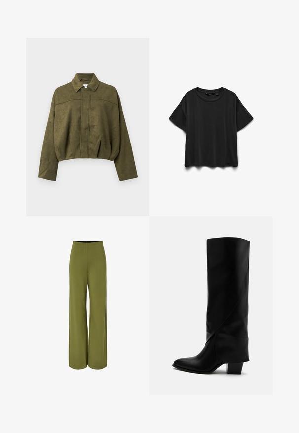 Veste cropped vert olive en matériau doux semblable à du daim. Caractéristiques : col montant, fermeture éclair avant et manches larges et amples.; T-shirt noir en coton à manches courtes avec encolure ronde, présenté à plat sur un fond blanc.; Pantalon large vert olive avec une taille haute et un tissu lisse et fluide, présenté sur fond blanc.; Botte haute en cuir noir avec couture inclinée, bout pointu et talon épais de taille moyenne sur fond blanc.