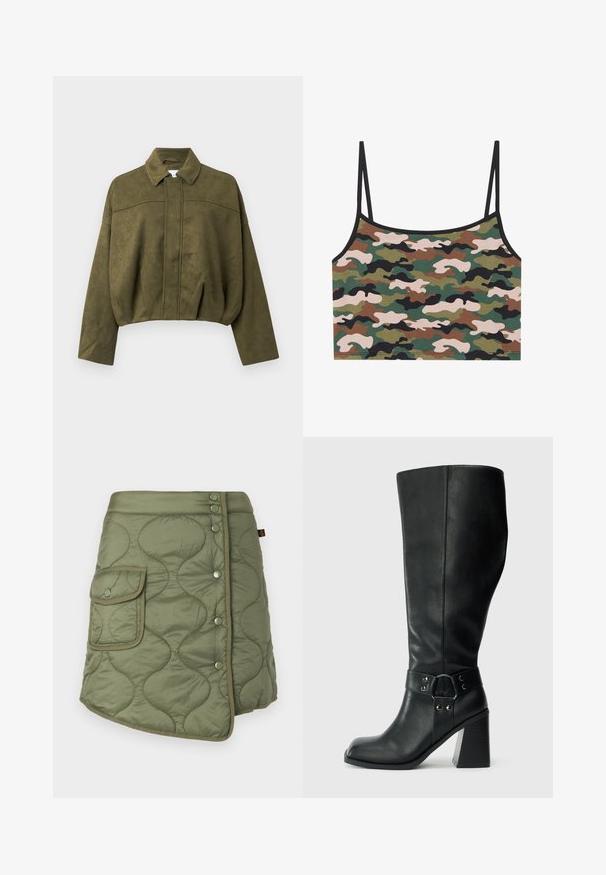 Olivengrøn, cropped jakke i blødt suede-lignende materiale. Har en standkrave, frontlynlås og løse, brede ærmer.; Camouflage crop top med grønne, brune og lyserøde mønstre. Lavet af blødt stof med tynde justerbare stropper og en sort kant.; Quiltet olivengrøn nederdel med en omslagdesign, der har en sidelomme, trykknapper og en glat, let blank tekstur.; Knæhøje sorte læderstøvler med firkantet tå, bred hæl og en dekorativ rem med metalaccenter omkring anklen. Glat tekstur.