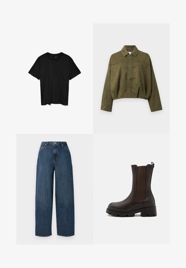 Olive roheline, lühike jakk pehme suede-taolise materjaliga. Omab püsti kaela, ees lukku ja laiu, vabalt rippuvaid varrukaid.; Must värviline lühikeste varrukatega ümara kaelusega t-särk, lihtsa disainiga, esitatud tasasel valgel taustal.; Tumedatest denimist laiad püksid. Valmistatud vastupidavast puuvillast, millel on sile tekstuur. Omavad nupukinnitust ja klassikalist viit taskut.; Prunale nahkasaapad elastsete külgpaneelidega, jämedate kummitaldadega ja taga tõmberaieriga. Tekstuurne viimistlus. Vastupidav disain.