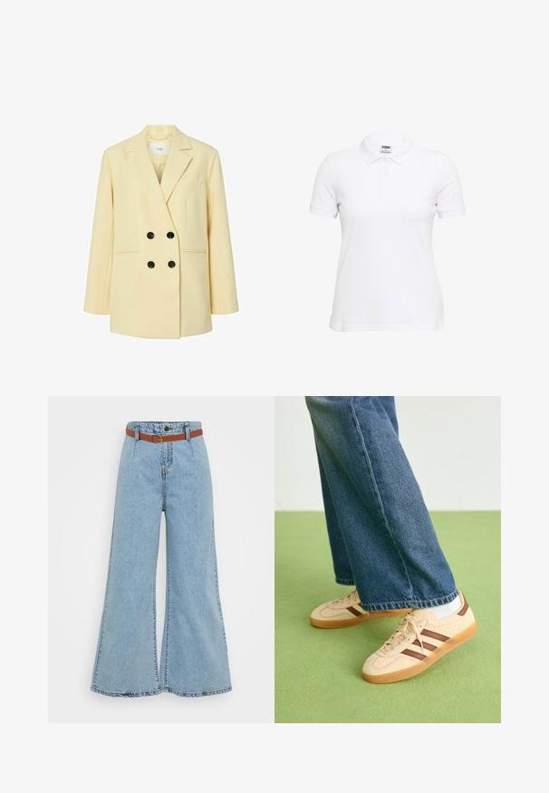 Crème double-breasted blazer met inkeping revers, vier zwarte knopen, twee voorzakken en een borstzak.; Witte polo met korte mouwen van getextureerde katoen. Voorzien van een klassieke kraag en een drieknoopsluiting. Casual pasvorm met een rechte zoom.; Lichtblauwe wijd-uitlopende spijkerbroek met hoge taille, elastische band en een contrasterende bruine riem. Heeft zichtbare stiksels en een rafelige zoom.; Beige sneakers met gestructureerde crèmekleurige panelen en bruine strepen, gecombineerd met blauwe denim jeans. De jeans hebben een brede pijp en een rafelige zoom.