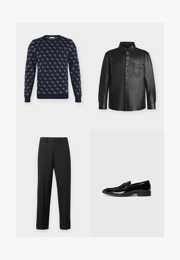 Chemise longue en cuir noir à manches longues avec boutons, col et poche poitrine avec un petit logo embossé.; Pull bleu marine à col rond avec motif monogramme blanc répété et poignets et ourlet côtelés.; Pantalon droit noir avec passants de ceinture, pli avant et braguette zippée sur fond blanc.; Mocassin en cuir verni noir avec un design épuré, bout rond et un détail cousu sur le dessus. Petit talon et texture lisse.