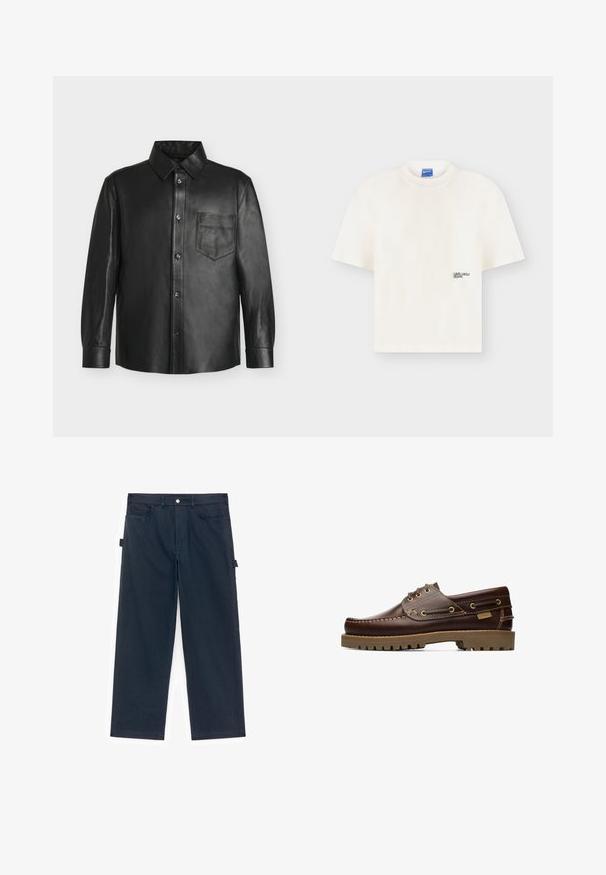 Zwart leren overhemd met lange mouwen, knopen, kraag en borstzak met een klein reliëflogo.; Wit T-shirt met korte mouwen en ronde hals met klein "Karl Lagerfeld Jeans" logo rechtsonder aan de voorkant.; Donkerblauwe cargobroek van katoen, met een rechte pijp, zijzakken en een knoopsluiting in de tailleband.; Bruine leren veterschoen voor op een boot met gestikte details en een dikke rubberen zool, gezien vanaf de zijkant.