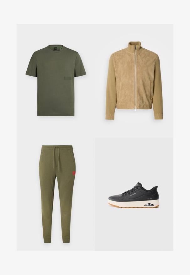 Veste beige avec un corps en daim lisse et des manches en tricot texturé, col montant, fermeture zippée à l'avant et poches latérales.; T-shirt vert olive à manches courtes et col rond avec une petite étiquette rectangulaire sur la poitrine gauche portant la mention "BOSS."; Pantalon de jogging slim vert olive avec poignets côtelés, taille avec cordon de serrage, poches latérales et petite étiquette rouge de marque sur la cuisse gauche.; Baskets noires au fini lisse, avec un design perforé et une semelle intermédiaire blanche. Dotées d'une semelle extérieure en caoutchouc et d'un détail de coussinage d'air visible.