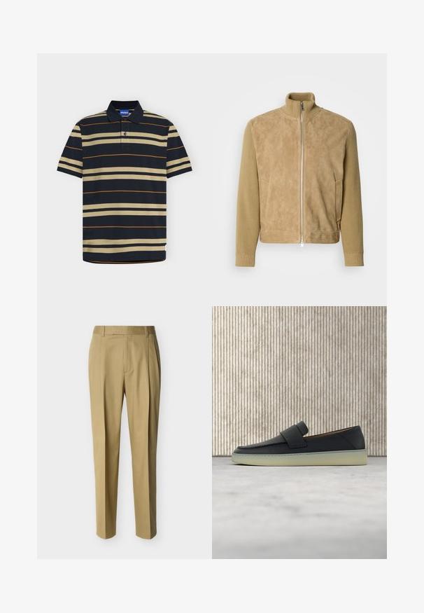 Veste beige avec un corps en daim lisse et des manches en tricot texturé, col montant, fermeture zippée à l'avant et poches latérales.; Polo bleu marine avec des rayures horizontales beiges et fines orange, manches courtes, patte à deux boutons et étiquette de marque HUGO bleue à l’intérieur du col.; Pantalon beige ajusté avec passants de ceinture et pli frontal, présenté sur un fond clair uni.; Mocassin en cuir noir avec semelle blanche, posé sur un tapis beige près d'un pied de table rond en bois brun.