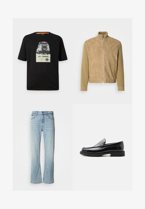 Chaqueta beige con cuerpo de ante suave y mangas de punto texturizado, con cuello alto, cierre de cremallera frontal y bolsillos laterales.; Camiseta de algodón negra con cuello redondo, que presenta una impresión gráfica de un vehículo clásico y el texto "TODOTERRENO" en el pecho.; Jeans de mezclilla azul claro con corte recto, que cuentan con cinco bolsillos, un cierre de botón y un ligero desvanecimiento en la tela.; Mocasín de cuero negro con suela de goma gruesa, empeine cosido y nombre de la marca en relieve en el talón, mostrado en perfil lateral sobre fondo blanco.