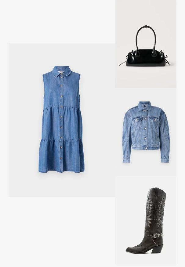 Hellblaue Jeansjacke mit verkürztem Design, Brusttaschen, silbernen Knöpfen und genähten Akzenten an Ärmeln und Körper. Klassischer Kragenstil.; Denim ärmelloses Kleid mit durchgehender Knopfleiste, gestuftem Rüschensaum, spitzen Kragen und in einem hellblauen Farbton.; Schwarzer Leder-Cowboystiefel mit dekorativen Ausschnitten, silberner Schnalle und schräger Ferse, auf weißem Hintergrund dargestellt.; Kleine schwarze glänzende Handtasche mit zwei langen Griffen und seitlichen Kordelzug-Details vor einfachem hellem Hintergrund.