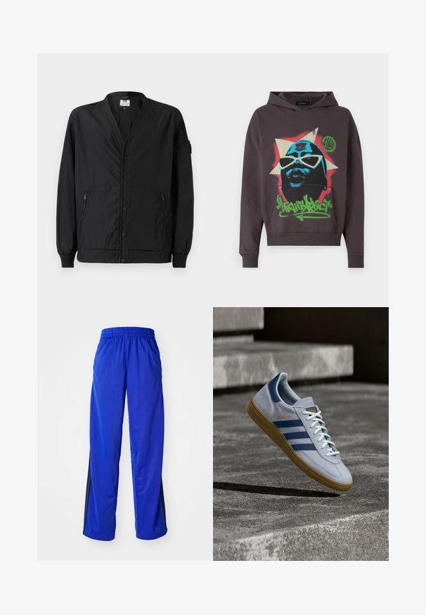 Sort letvægtsjakke med knaplukning foran, ribbede manchetter og to lynlåslommer i siderne. Har en afslappet pasform og glat tekstur.; Night Addict Hættetrøje - charcoal; Blå sportsbukser med elastisk talje, med sidelister i sort, løstsiddende pasform og glat tekstur.; Lyseblå Adidas Spezial sneakers med marineblå striber og gummisål, vist i luften over betontrapper i et neutralt udendørsmiljø.