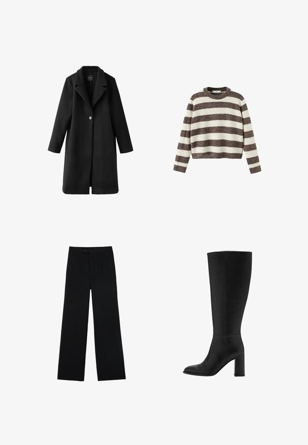 Sort enkelt-knap langt uldfrakke med brede revers og lige ærmer, vist fladt på en hvid baggrund.; Stripet pullover sweater i creme og mørkebrun. Ribstrikket rund hals, lange ærmer og en kortet kant. Blød tekstur med en afslappet pasform.; Sorte vidde bukser lavet af glat stof, med en frontknaplukning og to plissee for ekstra detaljer. Skræddersyet design i det hele taget.; Sorte knælange støvler med hæl lavet af glat læder. Har en afrundet tå og chunky blokhæle, med minimal syning.
