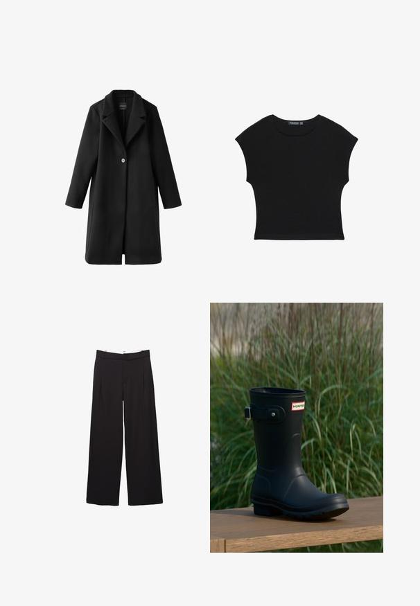 Manteau long en laine noir à un seul bouton, avec larges revers et manches droites, présenté à plat sur fond blanc.; Haut court noir à manches courtes avec encolure ronde et taille légèrement cintrée, fabriqué en tissu doux et léger.; Pantalon large noir à plis avant avec passants pour ceinture, coupe ajustée, taille moyenne, et fermeture avant dissimulée.; Botte de pluie en caoutchouc noir avec une finition brillante, dotée d'une boucle argentée et d'un écusson de logo. La semelle est texturée pour une meilleure adhérence.