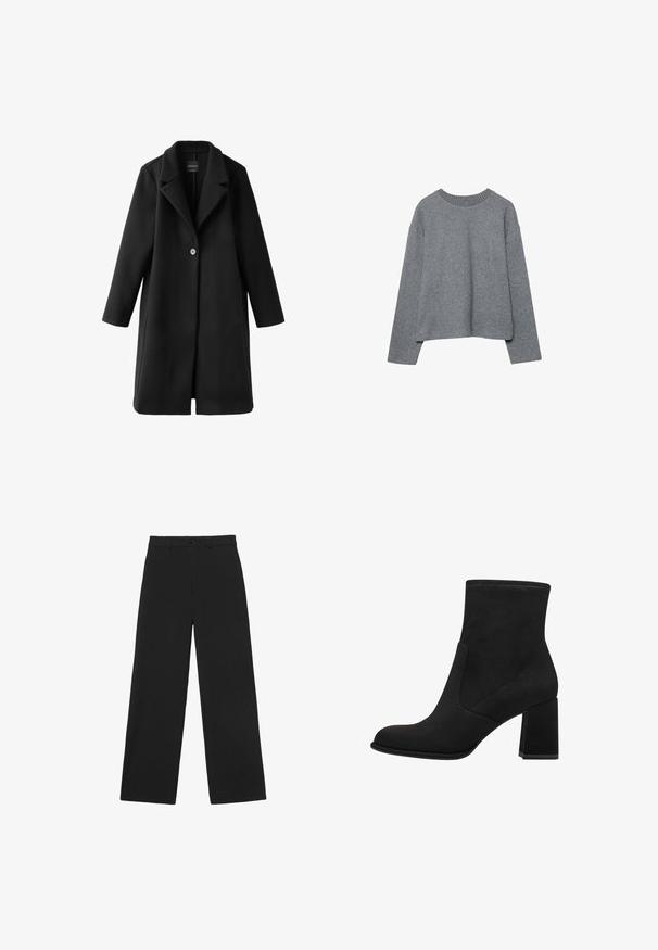 Sort enkelt-knap langt uldfrakke med brede revers og lige ærmer, vist fladt på en hvid baggrund.; Grå cropped sweater lavet af blødt strikket stof, med ribbet crew-neck og lange ærmer, i en afslappet pasform og minimal detaljering.; Sorte bukser med vidde i benene, med knap og bæltestropper, med en klassisk høj talje og skræddersyet pasform.; Sorte ankelstøvler med blokhæl, lavet af blødt suede. Har en rund tå og glatte sidestykker med syningsdetaljer.