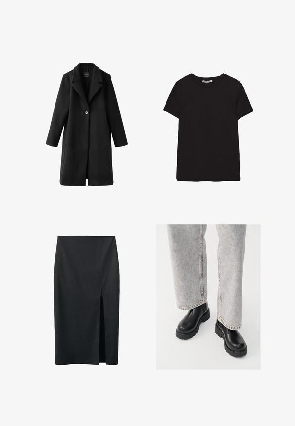Manteau long en laine noir à un seul bouton, avec larges revers et manches droites, présenté à plat sur fond blanc.; T-shirt noir en coton à manches courtes avec encolure ronde, coupe standard et étiquette intérieure visible au niveau du col.; Jupe crayon noire longueur genou avec une fente centrale à l'avant, en tissu lisse, conçue pour une silhouette ajustée.; Vagabond COSMO - Bottines à plateau - black