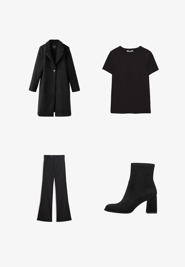 Schwarzer einreihiger langer Wollmantel mit breiten Revers und geraden Ärmeln, flach auf weißem Hintergrund dargestellt.; Schwarzes, kurzärmliges Baumwoll-T-Shirt mit rundem Halsausschnitt, Standardpassform und sichtbarem innerem Nackenetikett.; Schwarze High-Waist-Hose mit weitem Bein, doppeltem Knopfverschluss am Bund und vorderlichem Reißverschluss, flach auf weißem Hintergrund präsentiert.; Schwarze Knöchelstiefel mit Blockabsatz, aus weichem Wildleder. Mit einer abgerundeten Zehe und glatten Seitenpaneelen mit detaillierter Naht.