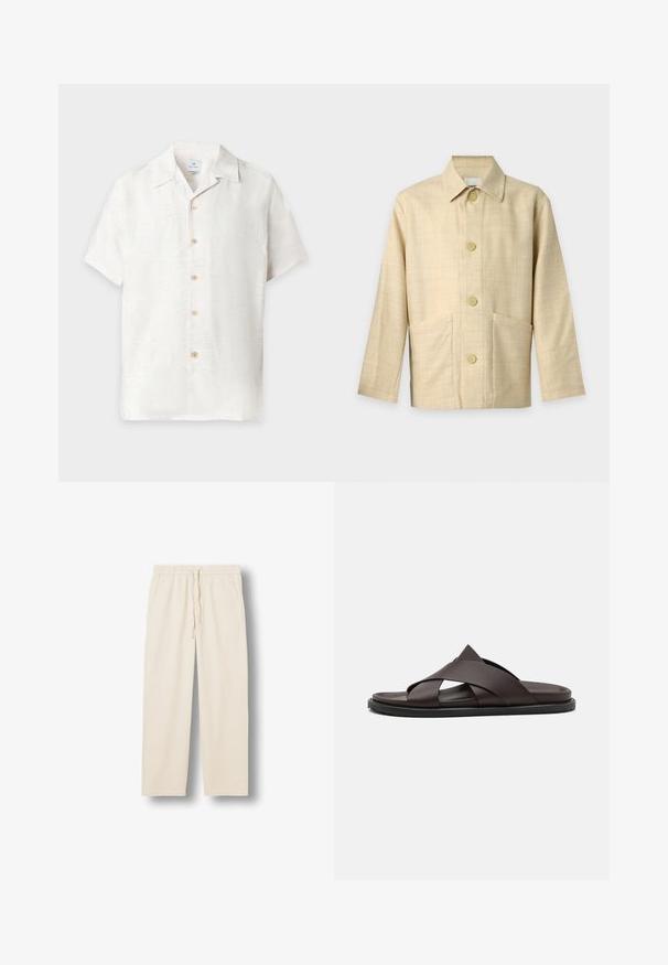 Veste beige à manches longues, boutonnée, avec col et deux poches avant, en tissu texturé.; Chemise blanche à manches courtes avec boutons, motif floral subtil et col classique, affichée sur un fond uni.; Pantalon beige à taille élastique avec cordon et poches latérales, coupe droite, présenté sur un fond blanc plat.; Stuart Weitzman BERKLEY - Mules - espresso