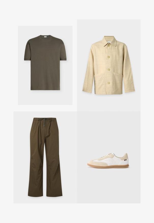 Veste beige à manches longues, boutonnée, avec col et deux poches avant, en tissu texturé.; T-shirt vert olive uni à manches courtes avec col rond et petite étiquette blanche à l'intérieur du col au dos.; Pantalon décontracté vert olive avec taille élastique et cordon de serrage à l'avant, coupe droite et coupe décontractée.; Baskets blanches avec accents en daim beige clair, détails perforés, lacets plats et semelle en caoutchouc naturel. Présentent un logo rayé sur le talon.
