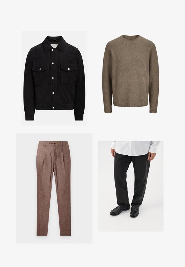 Sort corduroyjakke med spidse krave, to knap-lukkede brystlommer og trykknapper foran og ved ærmerne. Tekstureret stof.; Brun langærmet uldsweater med ribstrikkede manchetter, kant og rund hals.; Brune, strukturerede bukser med et hørmønster, der har en snøre i taljen og to frontfolder. Lige ben-design.; Sorte denimbukser parret med skinnende sorte loafers. Skjorten er hvid med tynde lodrette striber, har lange ærmer og en knapkrave.