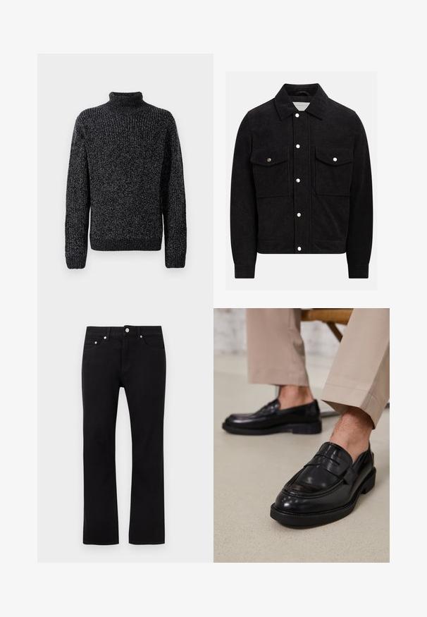 Veste en velours côtelé noire avec un col pointu, deux poches poitrine boutonnées et des fermetures à pression à l'avant et aux poignets. Tissu texturé.; Pull en maille noir et gris avec un col roulé haut, des manches longues et des poignets côtelés. La texture est épaisse avec un motif mélangé.; Jeans noirs droits avec boutons avant, fermeture éclair, passants pour ceinture et style cinq poches sur un fond clair uni.; Mocassins en cuir noir avec une finition lisse, ornés d'une sangle décorative et de coutures contrastées, associés à un pantalon beige.