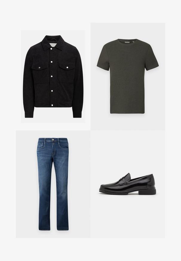 Schwarze Cordjacke mit spitzem Kragen, zwei knopfverschlossenen Brusttaschen und Druckknöpfen an der Vorderseite und an den Bündchen. Strukturierter Stoff.; Dunkelgrünes T-Shirt mit kurzen Ärmeln und rundem Ausschnitt, aus geripptem Material; zeichnet sich durch ein einfaches, minimalistisches Design ohne Muster aus.; Blaue Denim-Jeans mit geradem Schnitt, ausgestattet mit Fronttaschen, einem Reißverschluss und einem Knopfverschluss. Mittlere Waschung mit subtilen Ausbleichungen.; Schwarze Lederloafers mit runder Zehenform, ausgestattet mit einer genähten Detail über dem Vorderschaft und einem niedrigen Blockabsatz. Glatte Textur und glänzende Oberfläche.
