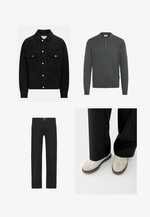Sort corduroyjakke med spidse krave, to knap-lukkede brystlommer og trykknapper foran og ved ærmerne. Tekstureret stof.; Mørkegrå langærmet polo sweater i blødt strikket materiale, med krave og tre knaplukninger. Simpelt design med en afslappet pasform.; Sorte lige ben jeans lavet af denim, der har en knaplukning i taljen, fem lommer og et minimalistisk design uden synlige mønstre.; Fødder iført beige sneakers med brune såler og sorte bukser med vide ben på hvid baggrund.