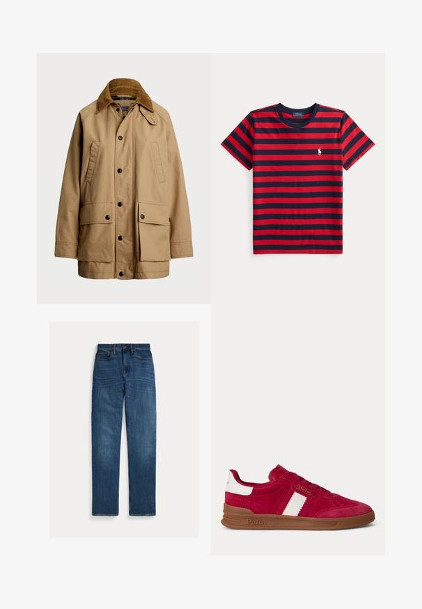 Polo Ralph Lauren COTTON UTILITY JACKET - Lichte jas - vintage khaki; T-shirt met korte mouwen en een ronde hals met rode en donkerblauwe horizontale strepen en een klein wit Polo Ralph Lauren-logo op de linkerborst.; Blauwe denim jeans met rechte pijpen, vijf zakken, knoopsluiting en subtiele vervaging op dijen en knieën, plat op een witte achtergrond gelegd.; Rode suède sneaker met witte streep en hielpatch, bruine rubberen zool, Polo-logo aan de zijkant en achterkant, gezien vanaf de linkerzijde.