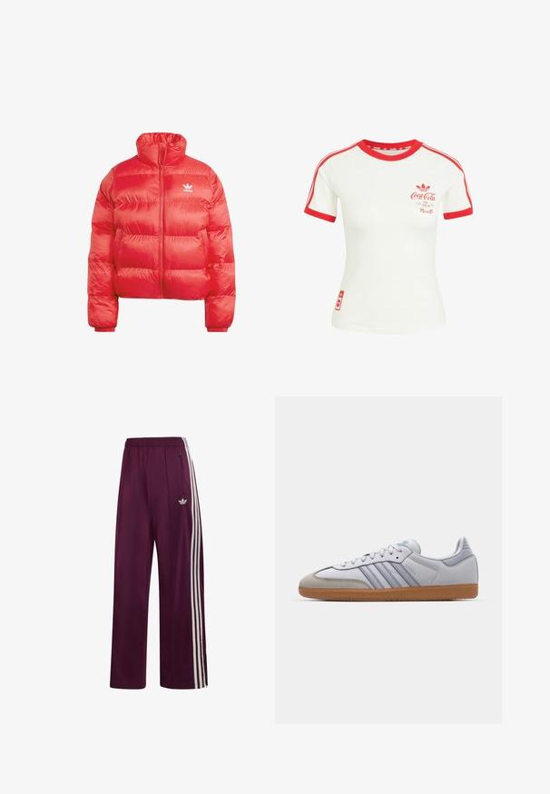 Chaqueta acolchada roja con cremallera completa en el frente, cuello alto, puños elásticos y logo blanco de Adidas en el lado izquierdo del pecho.; Camiseta blanca de manga corta con cuello rojo, ribete en las mangas, rayas y logo de Coca-Cola en el pecho y la parte inferior.; Pantalones deportivos Adidas burdeos con cintura elástica, tres franjas blancas laterales, bolsillo con cremallera y logotipo bordado en el muslo izquierdo.; Zapatillas de cuero blanco con acentos en azul claro, puntera de ante gris y suela de goma marrón. Presentan tres rayas azules y la marca "Samba".