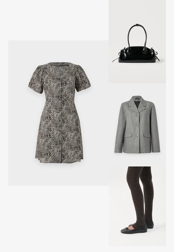 Grijze vissenertblazer met notch-revers, drieknoopssluiting, twee voorzakken en een gestructureerde pasvorm. Glad materiaal en op maat ontworpen.; Leopard print jurk met korte pofmouwen, V-hals en een sluiting met knopen aan de voorkant. Gemaakt van lichte stof, met een uitlopende rok.; Benen met donkere geribbelde leggings gecombineerd met zwarte ballerina's met kleine strikdetails op een witte achtergrond.; Kleine zwarte glanzende handtas met twee lange hengsels en zijkant trekkoord details op een effen lichte achtergrond.